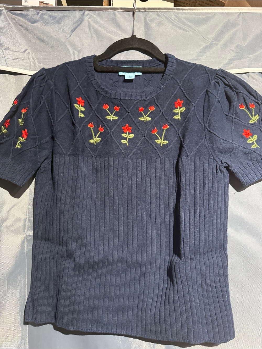 CeCe Navy Short-Sleeve Sweater with Red Floral Embroidery